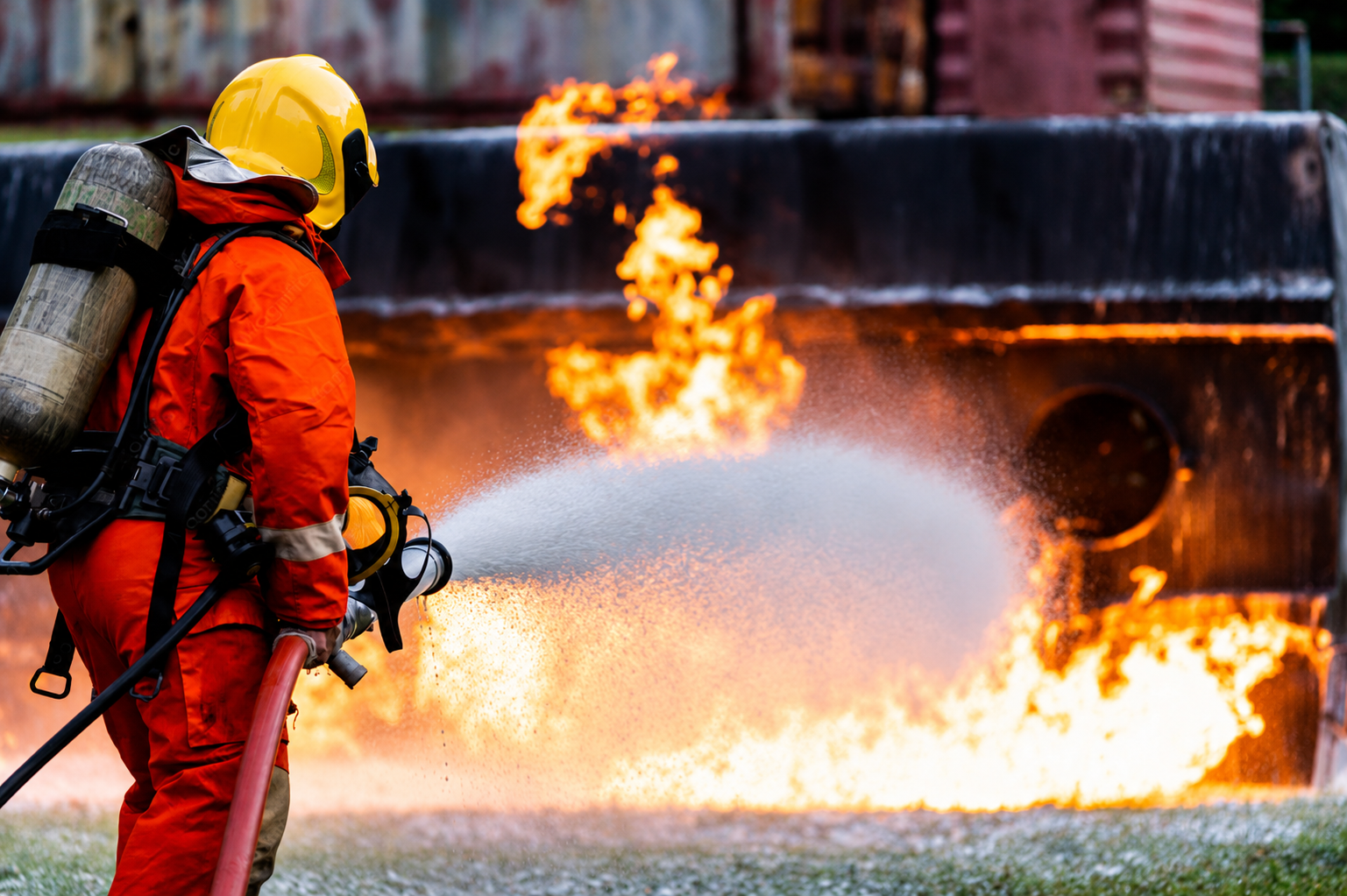 Firefighters conducting a professional fire-safety training exercise