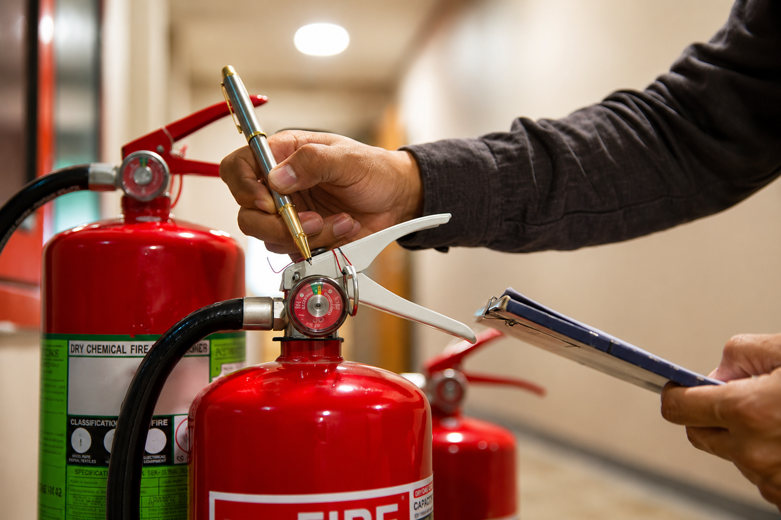 Firefighters inspecting professional firefighting equipment